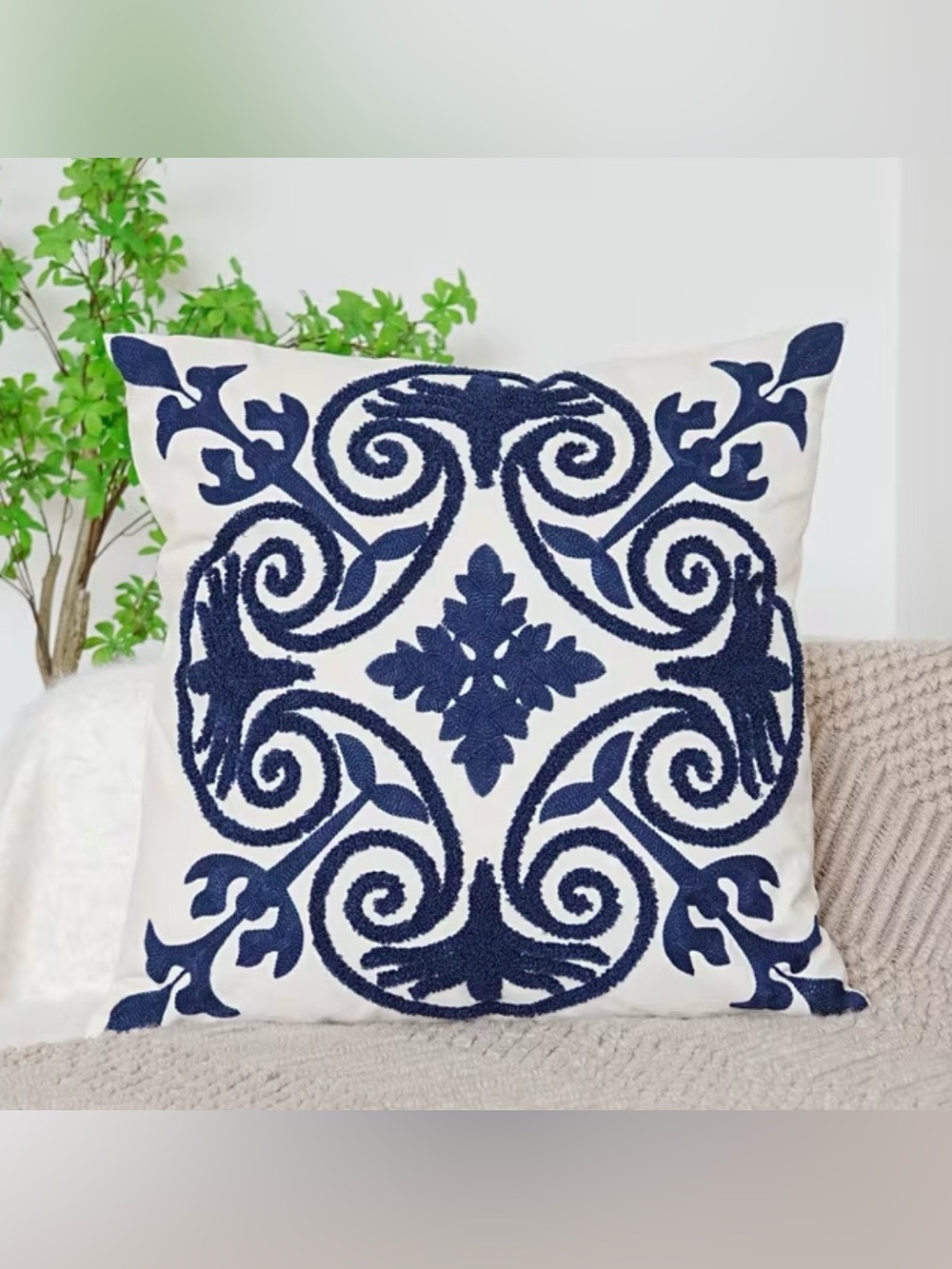 Navy and White Embroidered Scroll Accent Pillow